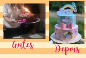 da série ninguém nasce sabendo: Foto do antes e depois de bolos da confeiteira Andreia Itacaramby