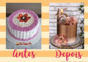 da série ninguém nasce sabendo: Foto do antes e depois de bolos da confeiteira Bia paixão 